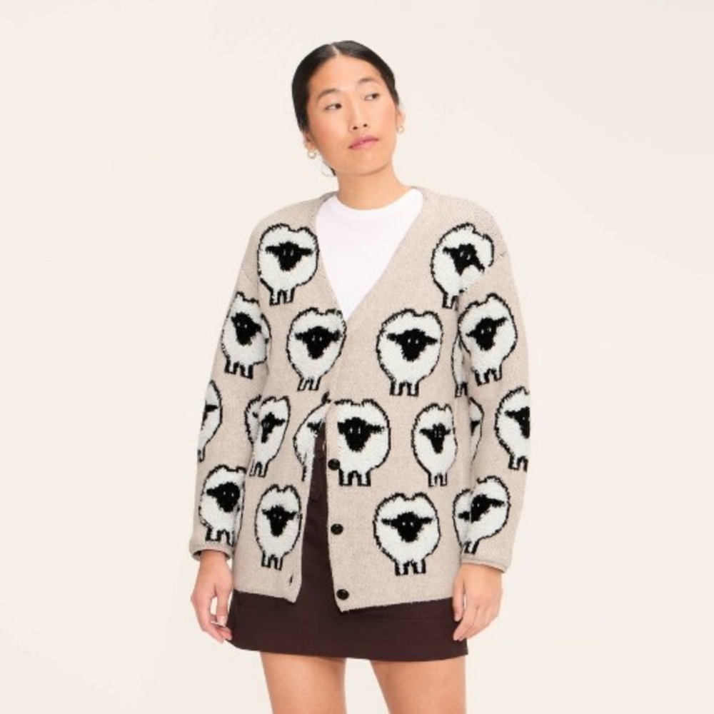WOOLRICH x Target Sheep Print Relaxed Cardigan Taupe Size S NWT